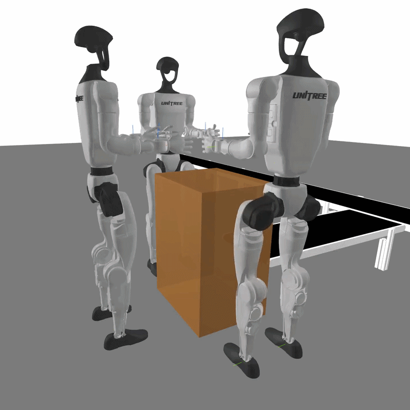 Three Unitree G1 humanoid robots jointly manipulating a box